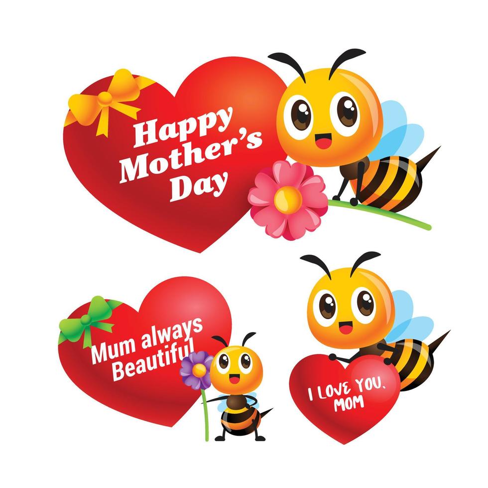 Buona festa della mamma. collezione di cartoni animati carino ape con grande segnaletica a forma di amore. vari auguri per la festa della mamma a forma di cuore. set mascotte personaggio vettore