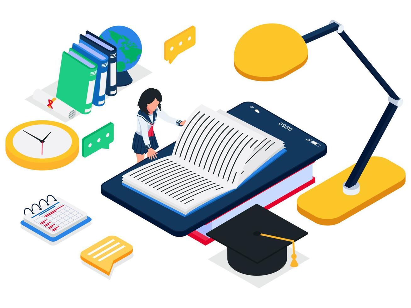 studente che legge un libro online su smartphone, ebook aperto sul cellulare, concetto di elearning. lo studente legge il libro sul dispositivo. femmina con smartphone isometrico ed e-book. vettore