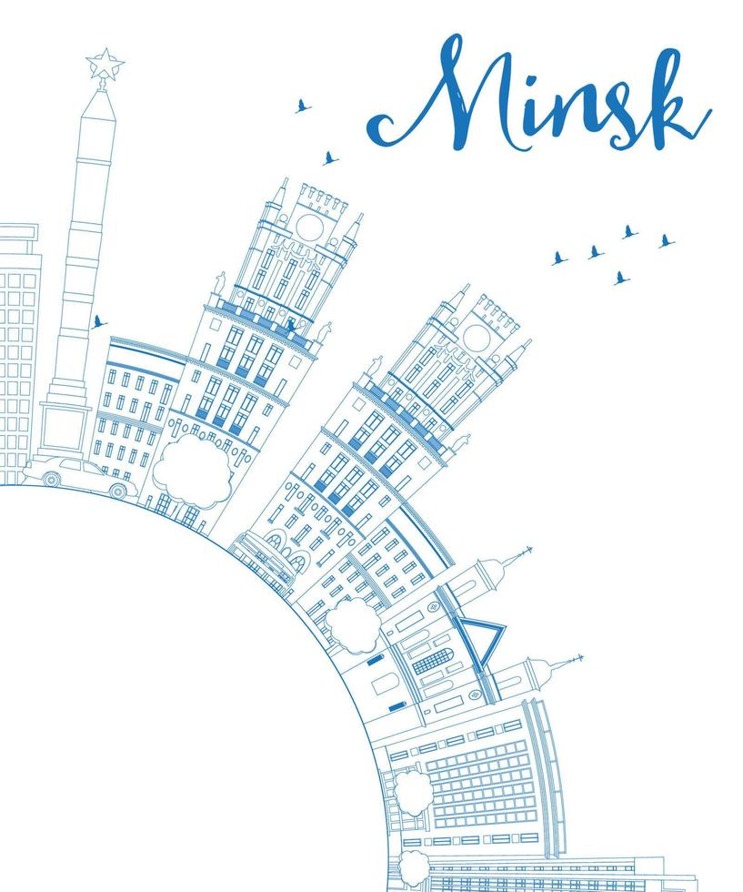 delinea lo skyline di minsk con edifici blu e copia spazio. vettore