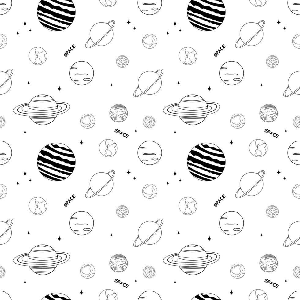 doodle senza cuciture con tema spaziale. pianeti del sistema solare. illustrazione di contorno vettore
