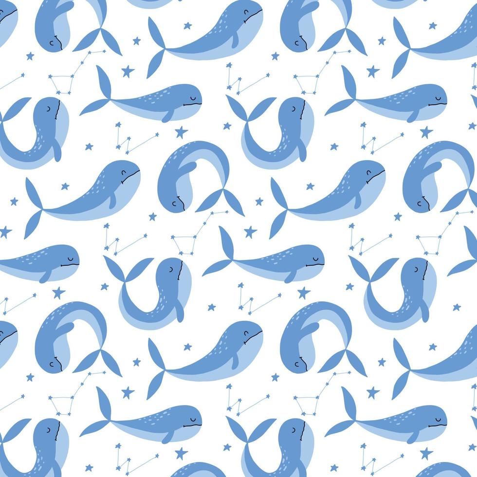 senza cuciture con simpatiche balene blu e alghe. modello disegnato a mano per bambini. modello vettoriale con animali marini.