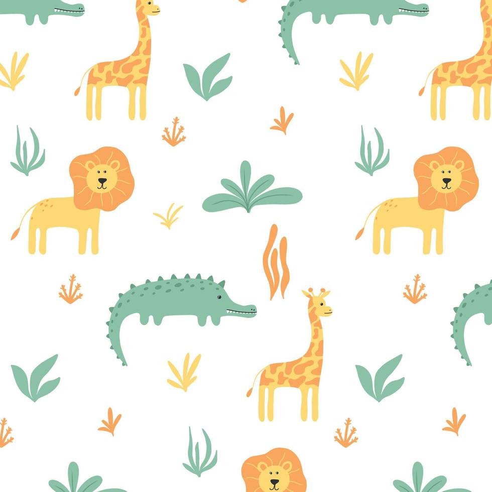 modello infantile con animali della giungla. modello carino disegnato a mano con coccodrillo, leone e giraffa. illustrazione di safari pattern.vector. vettore