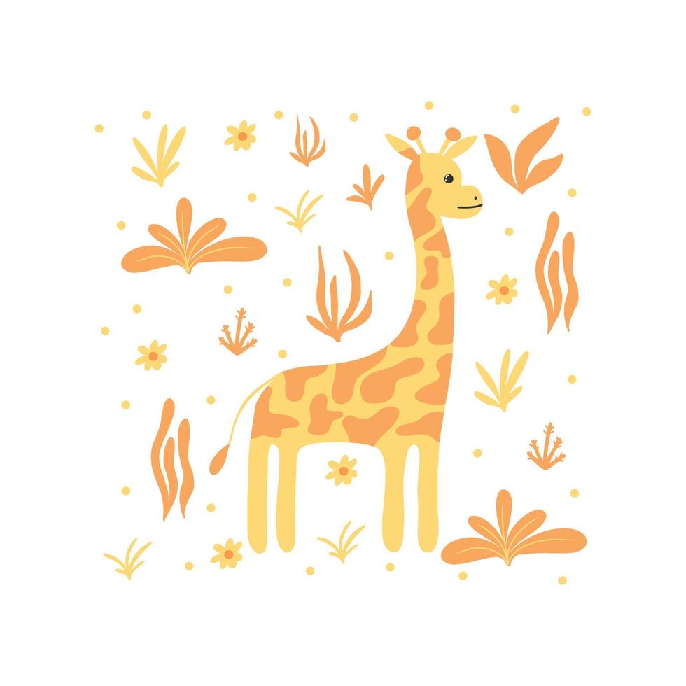 giraffa carina con piante.carta per bambini con giraffa gialla.stile disegnato.illustrazione vettoriale. adatto per stampe, cartoline, poster. vettore