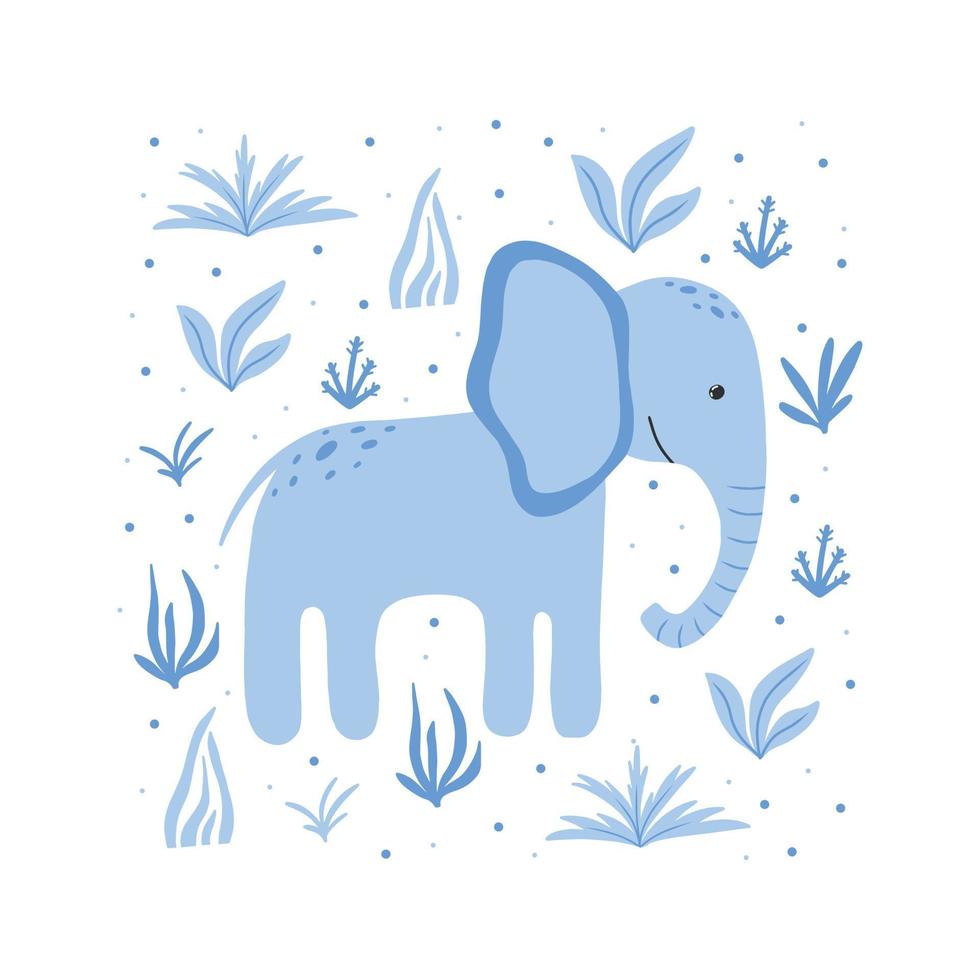 simpatico elefante blu con piante. poster per bambini con un elefante. illustrazione disegnata a mano style.vector. adatto per stampe, cartoline, poster. vettore