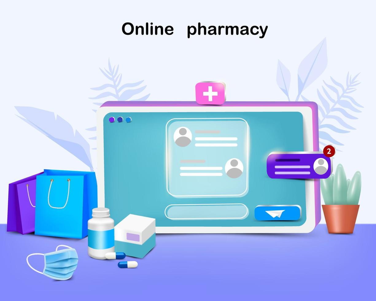 maschera medica con capsula per compresse e shopping bag per farmacia online vettore