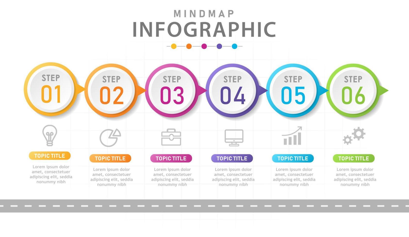 modello di infografica per le imprese. Diagramma temporale moderno a 6 passaggi con il concetto di viaggio su strada. infografica vettoriale di presentazione.