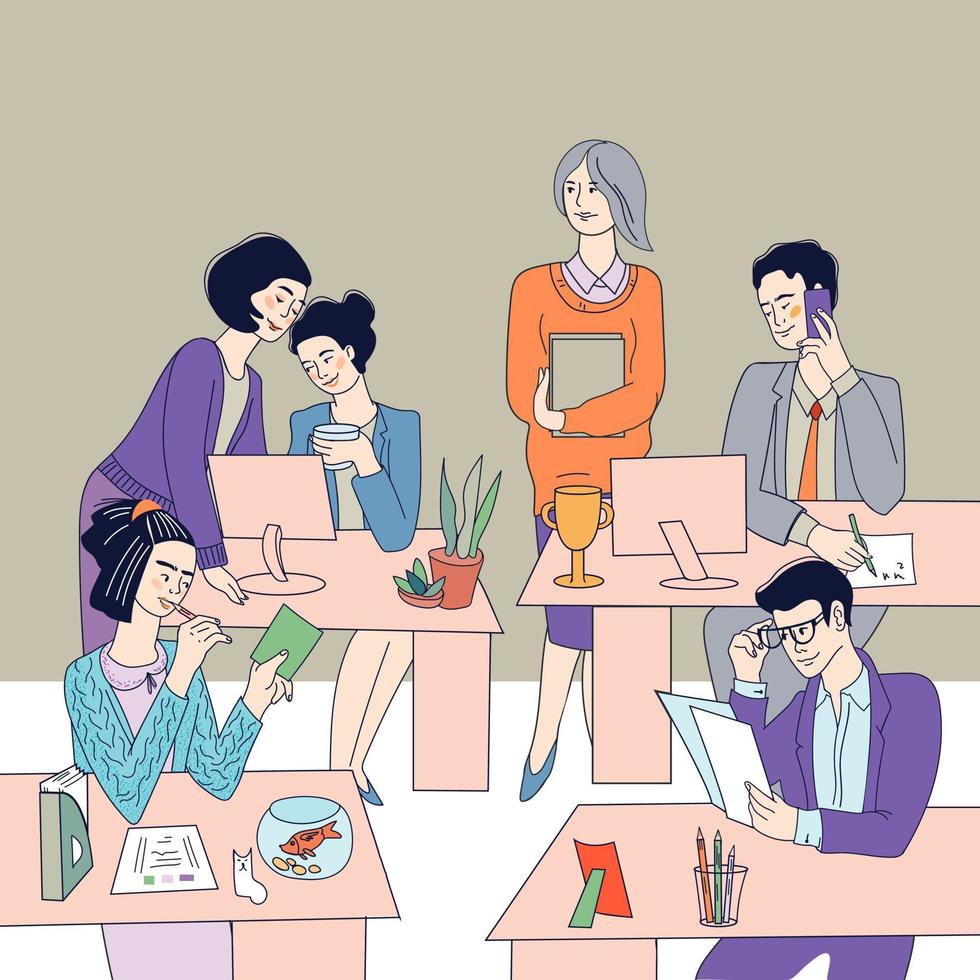 giornata lavorativa in ufficio - uomini d'affari, uomini e donne sul posto di lavoro. illustrazione dei personaggi vettoriali dei cartoni animati di impiegati o manager professionisti. collaborazione e occupazione.