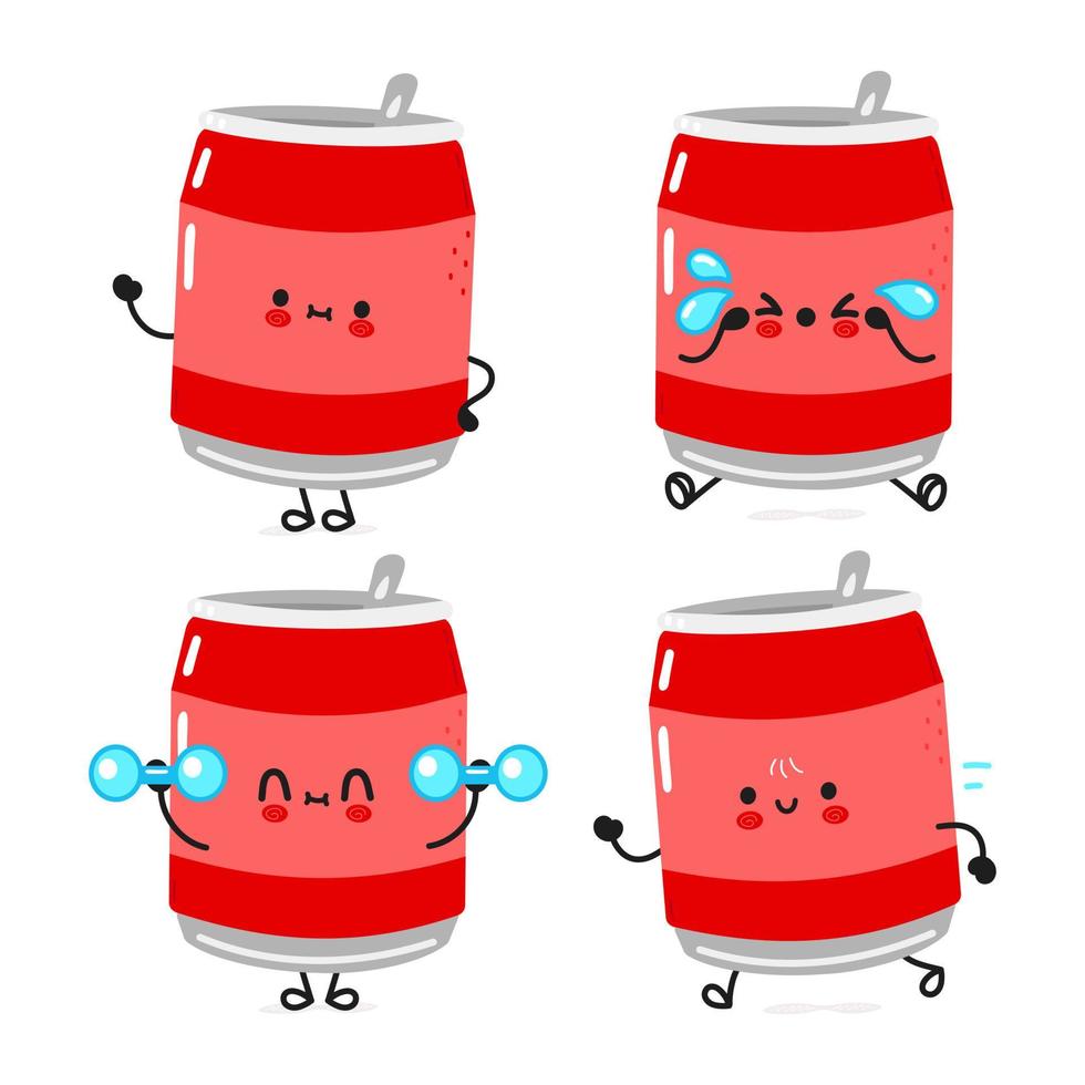 divertente carino felice lattina di personaggi di soda bundle set. disegno dell'icona dell'illustrazione del personaggio dei cartoni animati di stile di doodle disegnato a mano di vettore. carino lattina di collezione di personaggi mascotte soda vettore