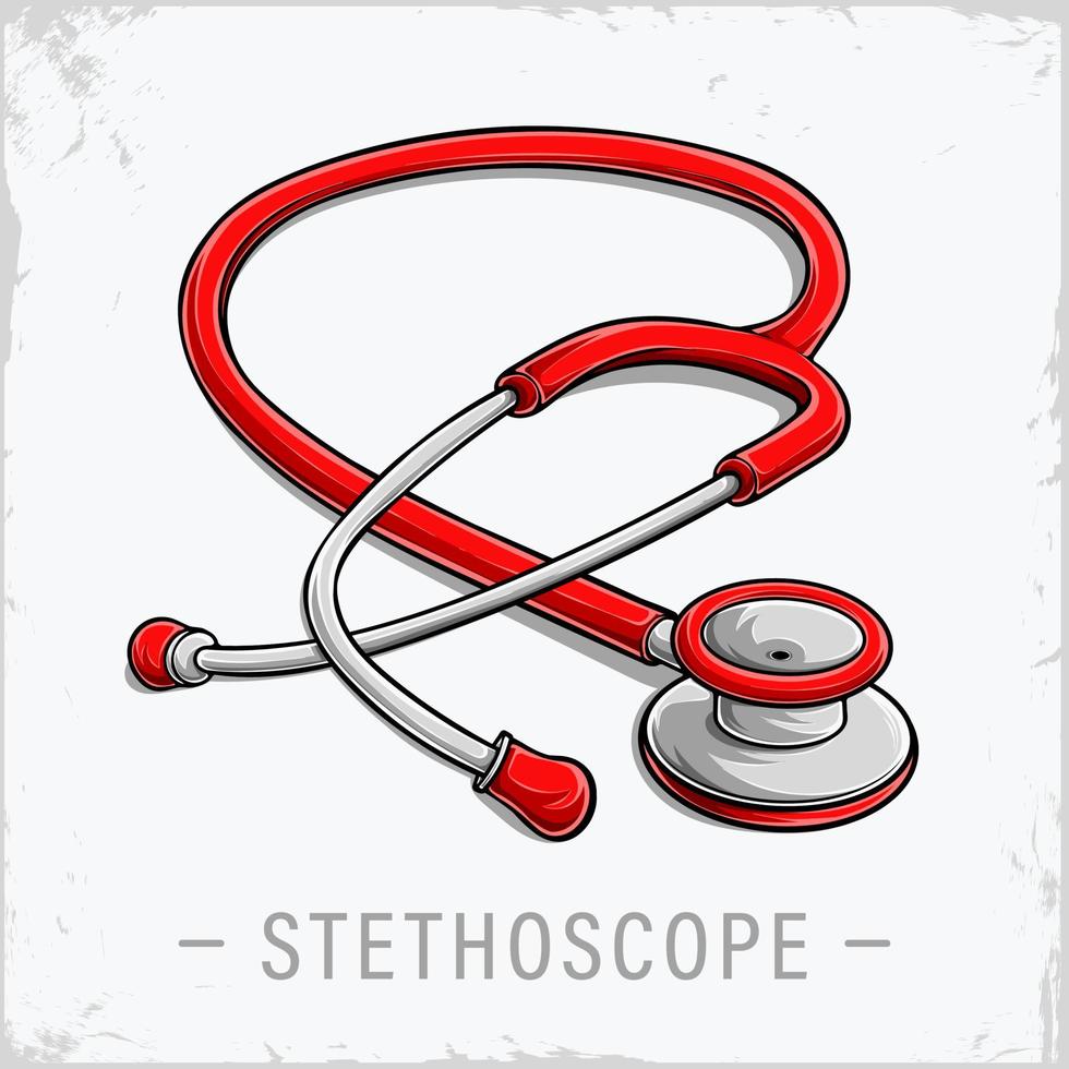 stetoscopio medico o infermiere rosso disegnato a mano, simbolo di assistenza sanitaria, strumenti di trattamento medico vettore