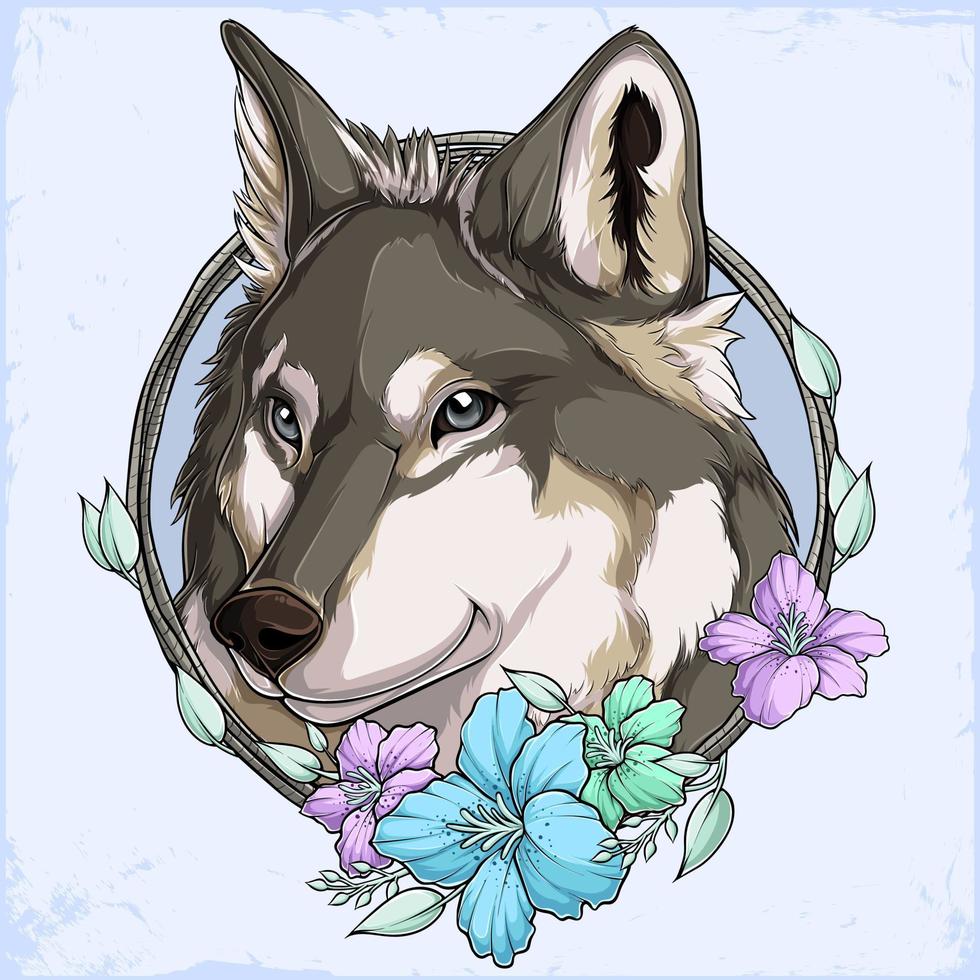 illustrazione della testa di lupo grigio selvaggio con gli occhi azzurri che fissano il suo bersaglio in una corona floreale colorata vettore