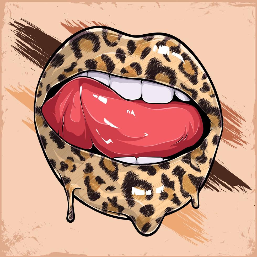 labbra femminili con motivo leopardato espressione della lingua della donna, labbra da ragazza selvaggia, motivo leopardato invece del rossetto vettore