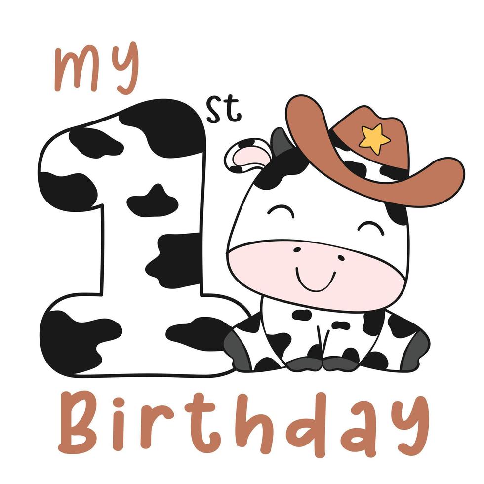 primo biglietto di auguri di compleanno, mucca bambino seduto con il numero uno, clipart di fattoria degli animali di compleanno per t-shirt stampabile vettore