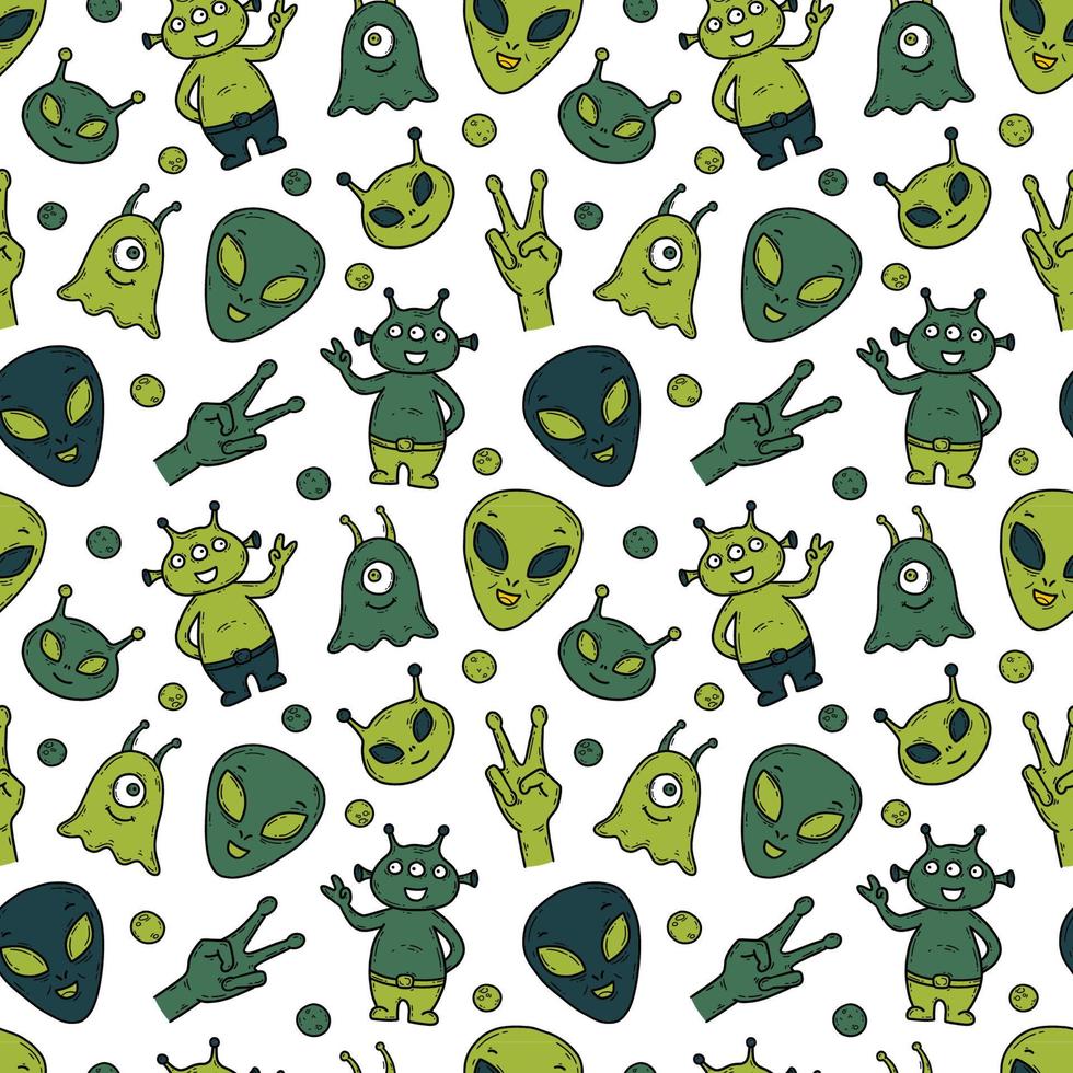 alieni, oggetto volante non identificato ufo vector doodle seamless pattern. creature verdi divertenti del fumetto nello spazio. volti e mani di marziani su sfondo bianco per la stampa per bambini