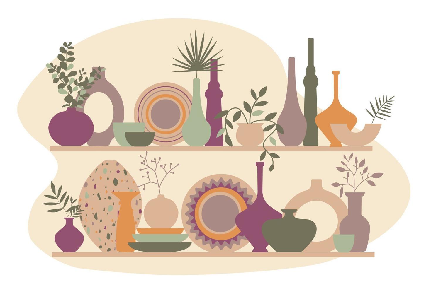 set di piatti piatti ciotole vasi in ceramica alla moda con piante. terracotta in ceramica fatta a mano vettore
