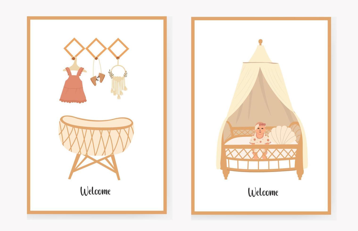 set di biglietti d'invito per bambini con culla e appendiabiti, in stile boho. benvenuto. illustrazione vettoriale