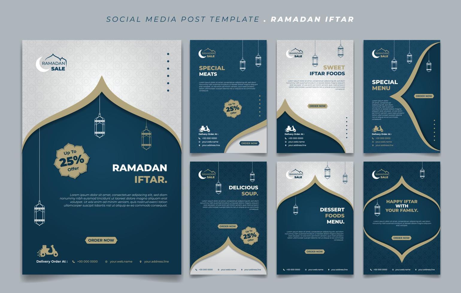 impostare il modello di post sui social media in un design di sfondo blu e bianco. iftar mean sta facendo colazione e marhaban mean è il benvenuto. vettore