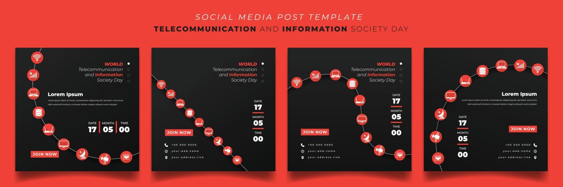 set di modelli di post sui social media per le telecomunicazioni e la società dell'informazione su sfondo quadrato vettore