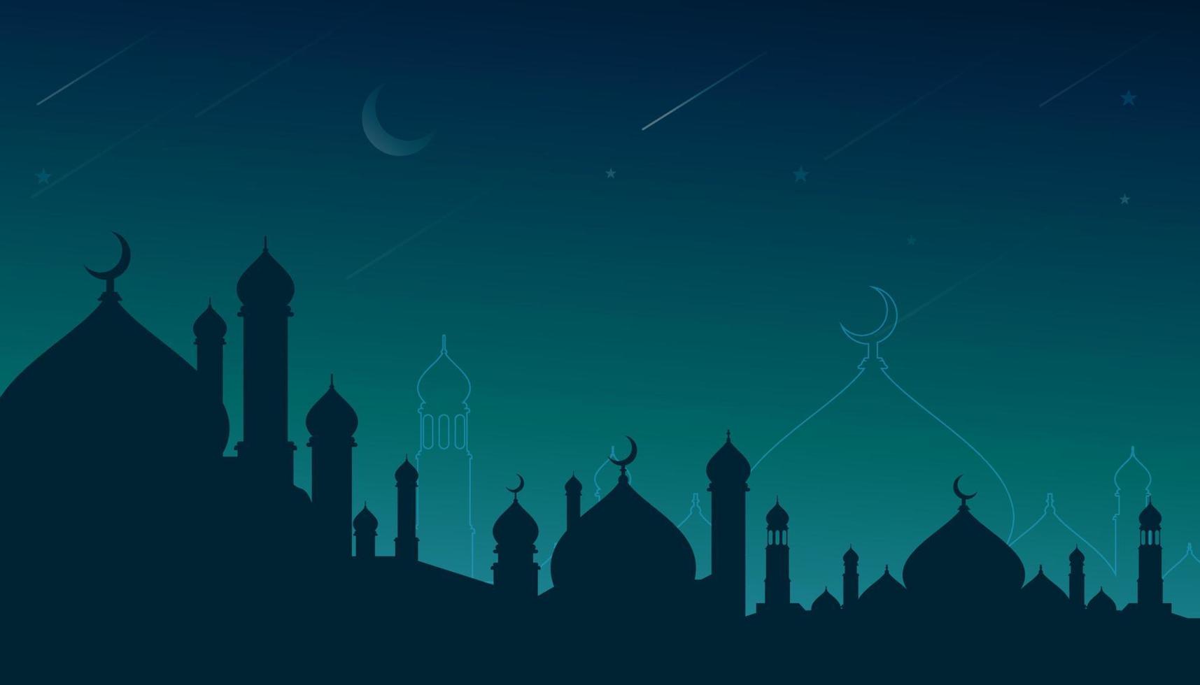vettore di design islamico per lo sfondo. bandiera del ramadan kareem. illustrazione del design della siluetta della moschea. Il design di ramadan kareem è simile a saluti, inviti, modelli o sfondi