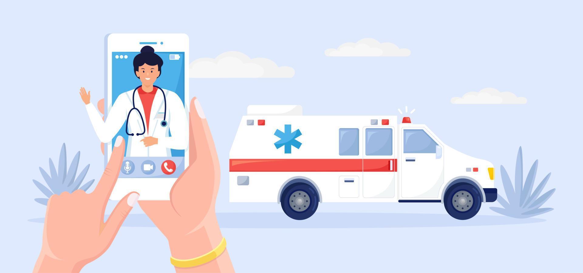 servizio di chiamata di emergenza. auto ambulanza e chiamare il medico per telefono. disegno vettoriale