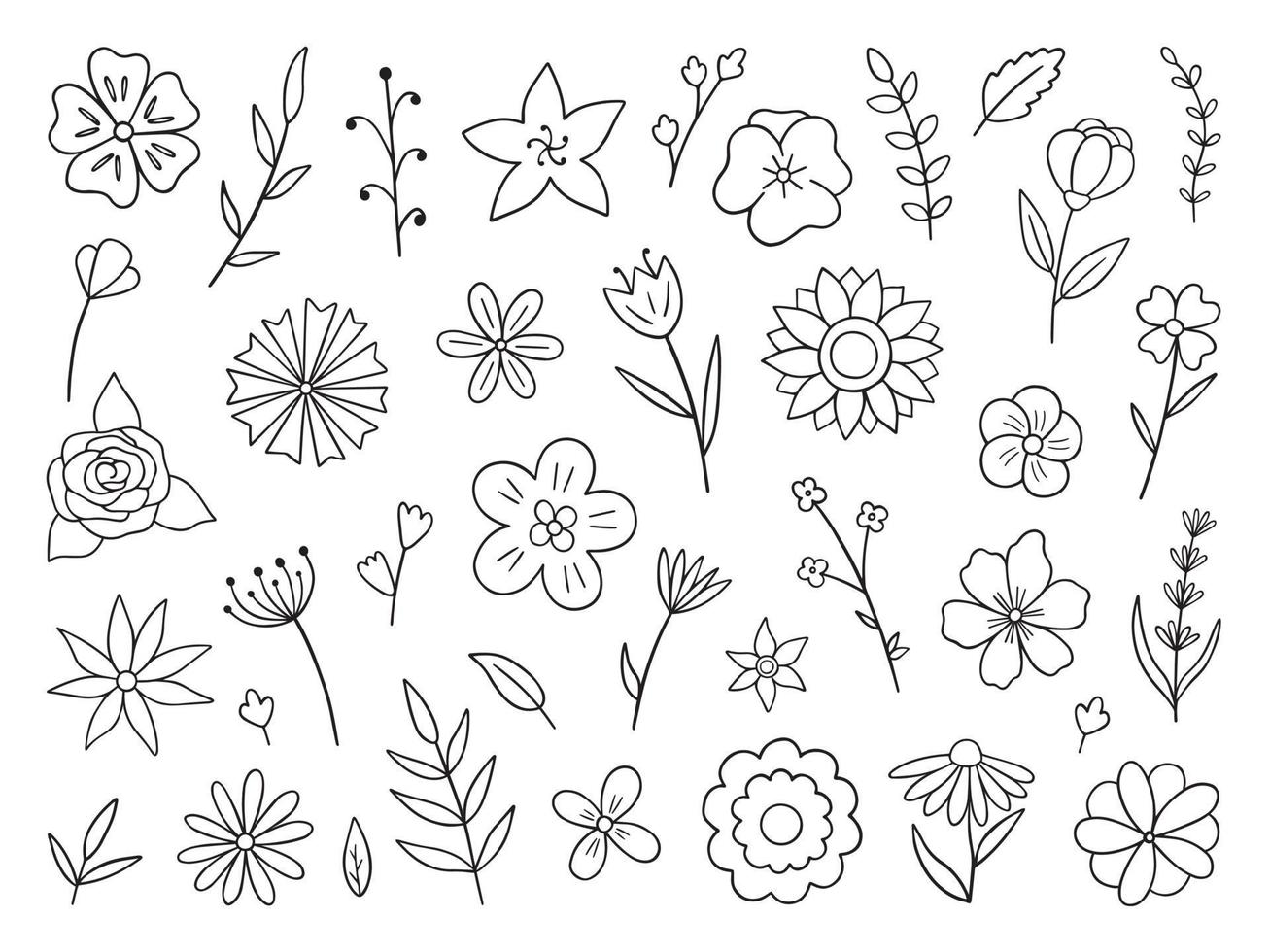 insieme disegnato a mano di fiori e rami doodle. elementi floreali ed a base di erbe in stile schizzo. illustrazione vettoriale isolato su sfondo bianco.