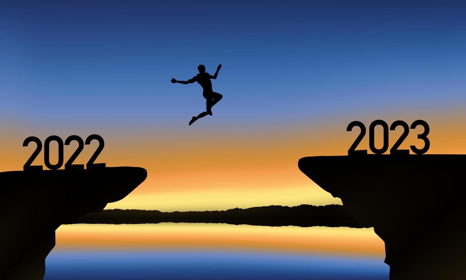 un uomo sta saltando sulla scogliera e saltando attraverso la parola 2022 e 2023. vettore