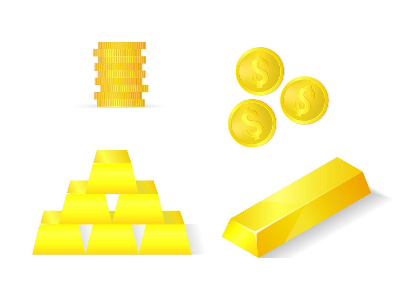 set di lingotti d'oro bloccati e moneta d'oro vettore