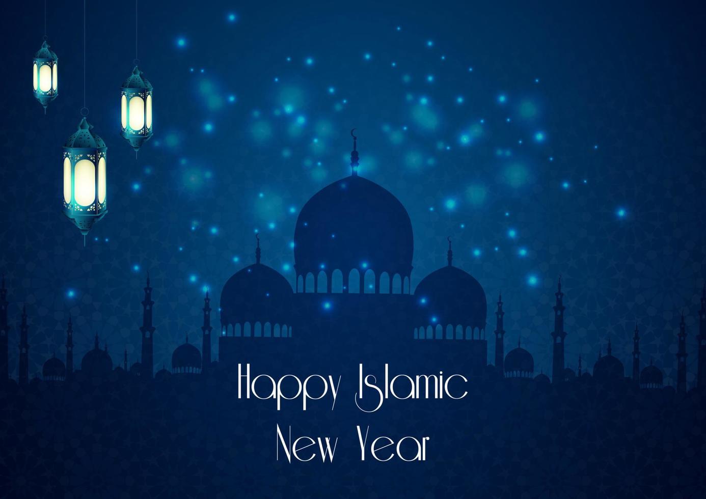 felice anno nuovo islamico con moschea silhouette e lanterna vettore