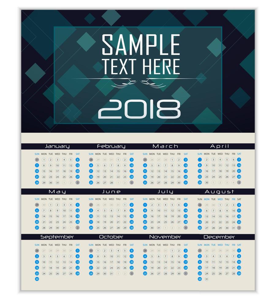 calendario per il design del volantino modello 2018 vettore
