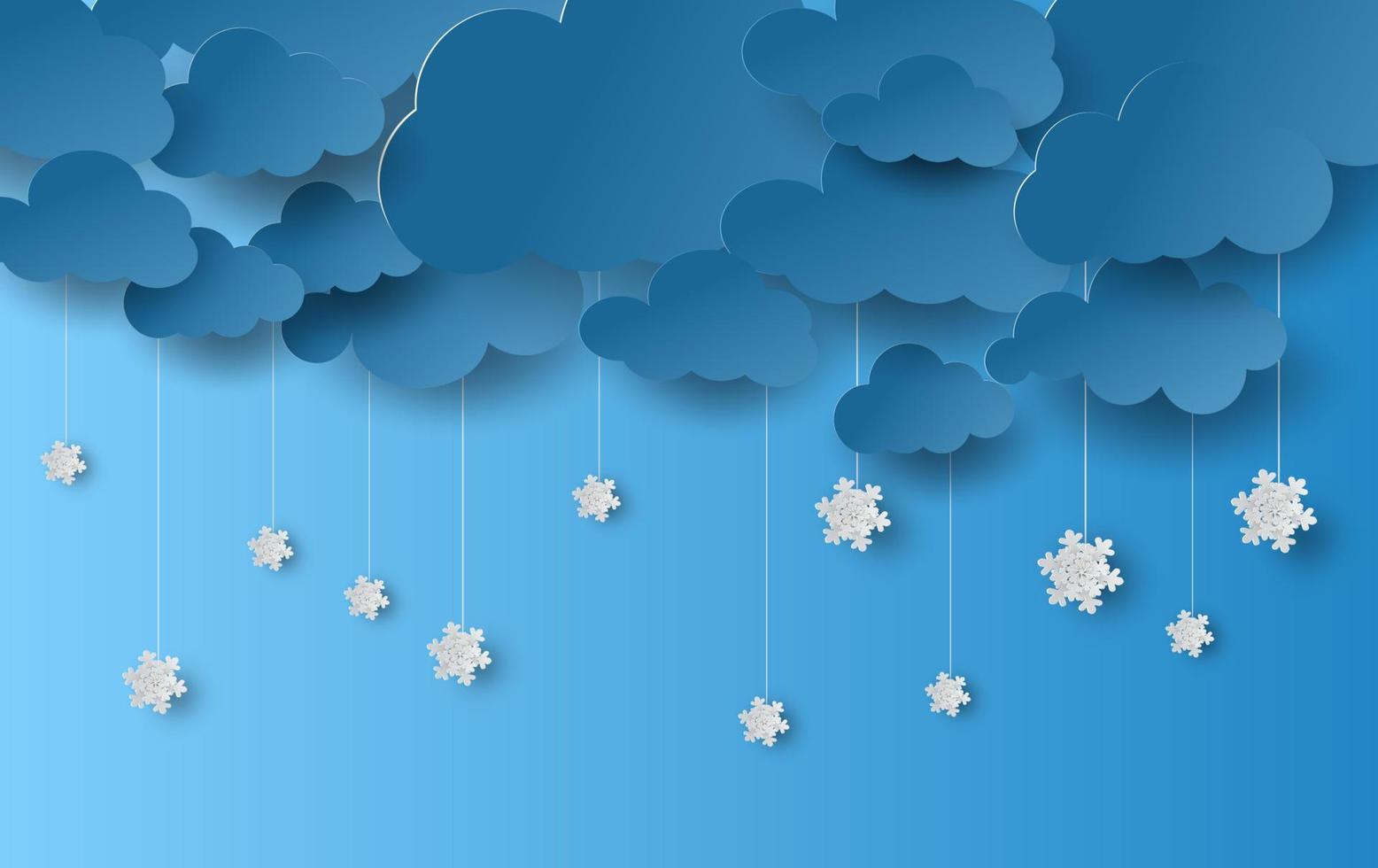 arte di carta e stile artigianale di nuvole e nevicate con la stagione invernale su sfondo blu cielo.la stagione della neve sta cadendo.vettore.illustrazione vettore