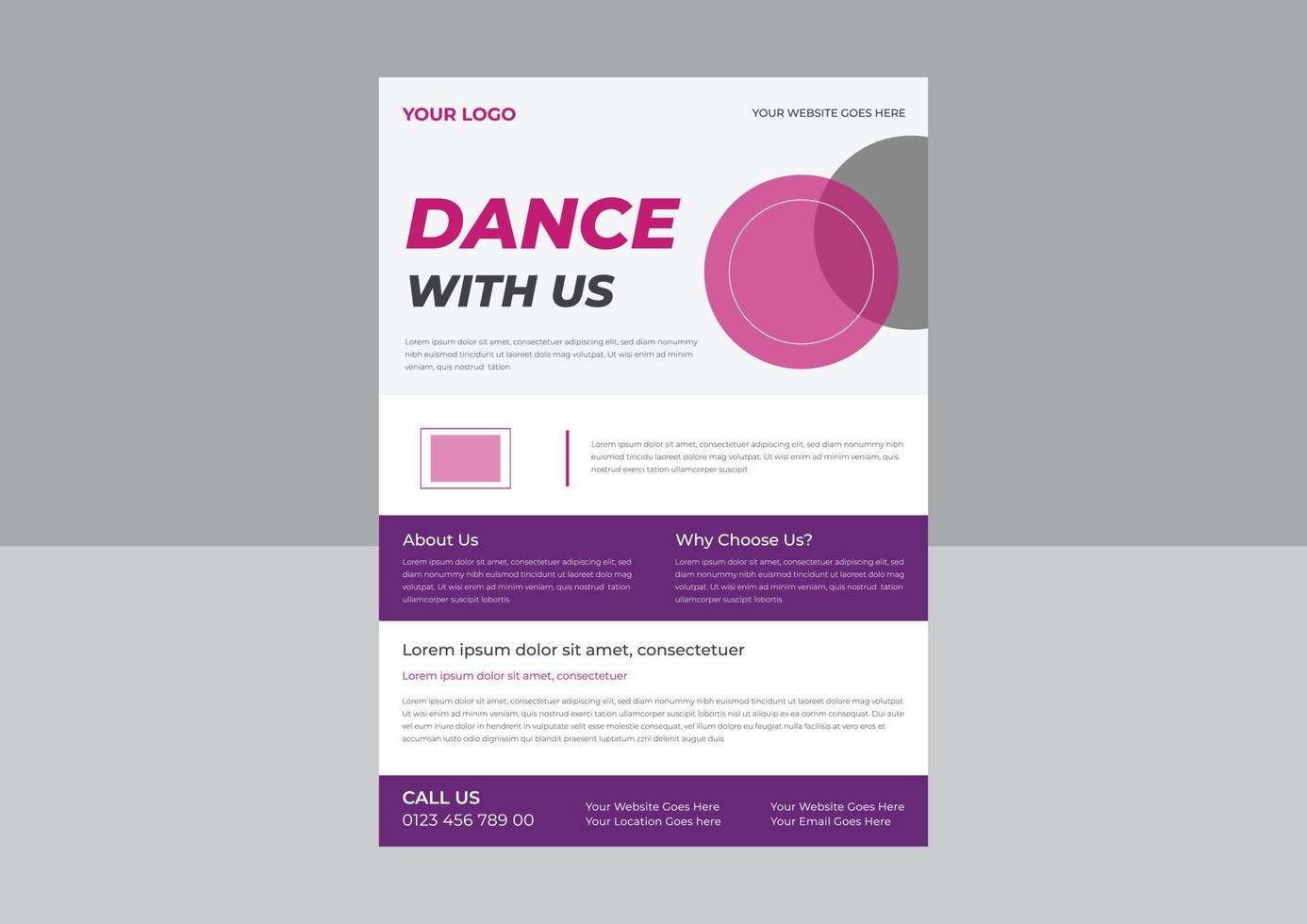 modello di volantino per studio di danza, volantino promozionale per poster di studio di danza, design di volantini per poster di lezione di danza. modello a4, design brochure, copertina, volantino, poster, pronto per la stampa vettore