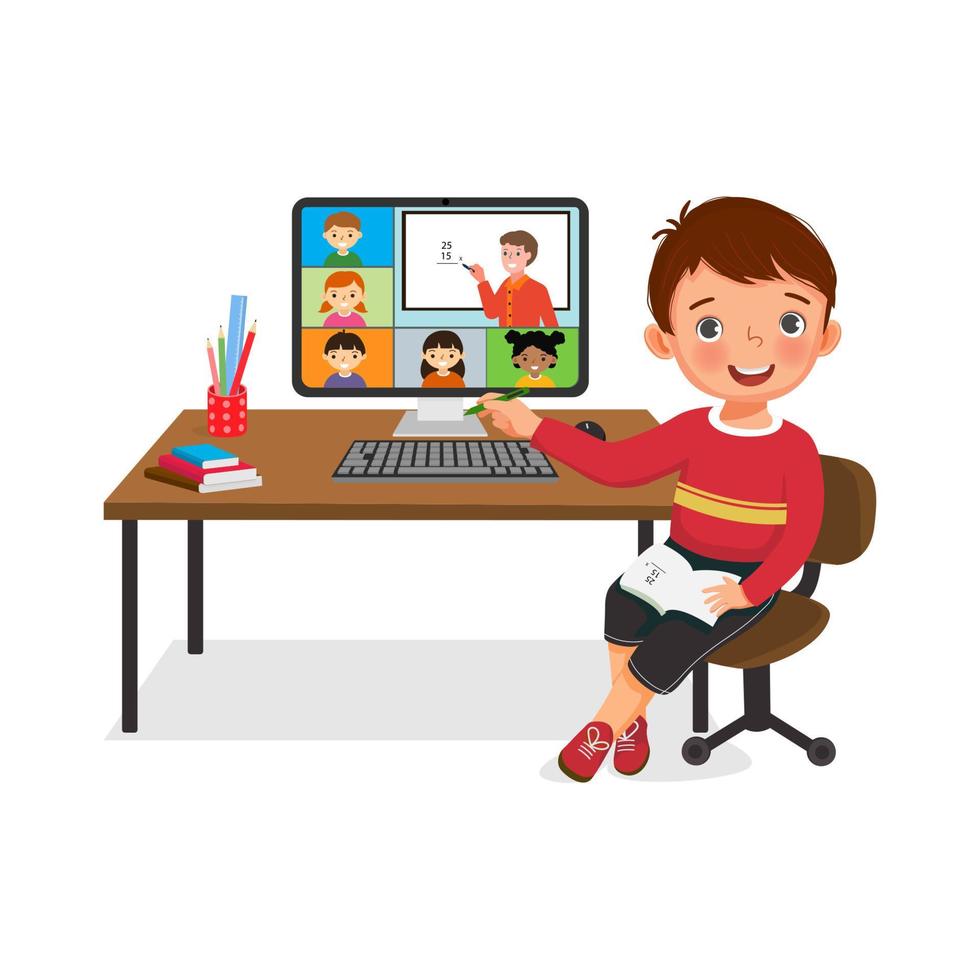 ragazzino carino che si connette con altri bambini delle scuole tramite teleconferenza o classe virtuale online sul computer. concetto di studio da casa per gli studenti che utilizzano la videoconferenza a scuola a casa. vettore