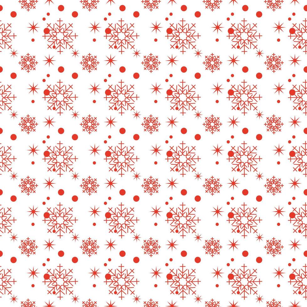 Natale senza cuciture con fiocchi di neve rossi, punti e stelle su sfondo bianco, sfondo invernale. vettore