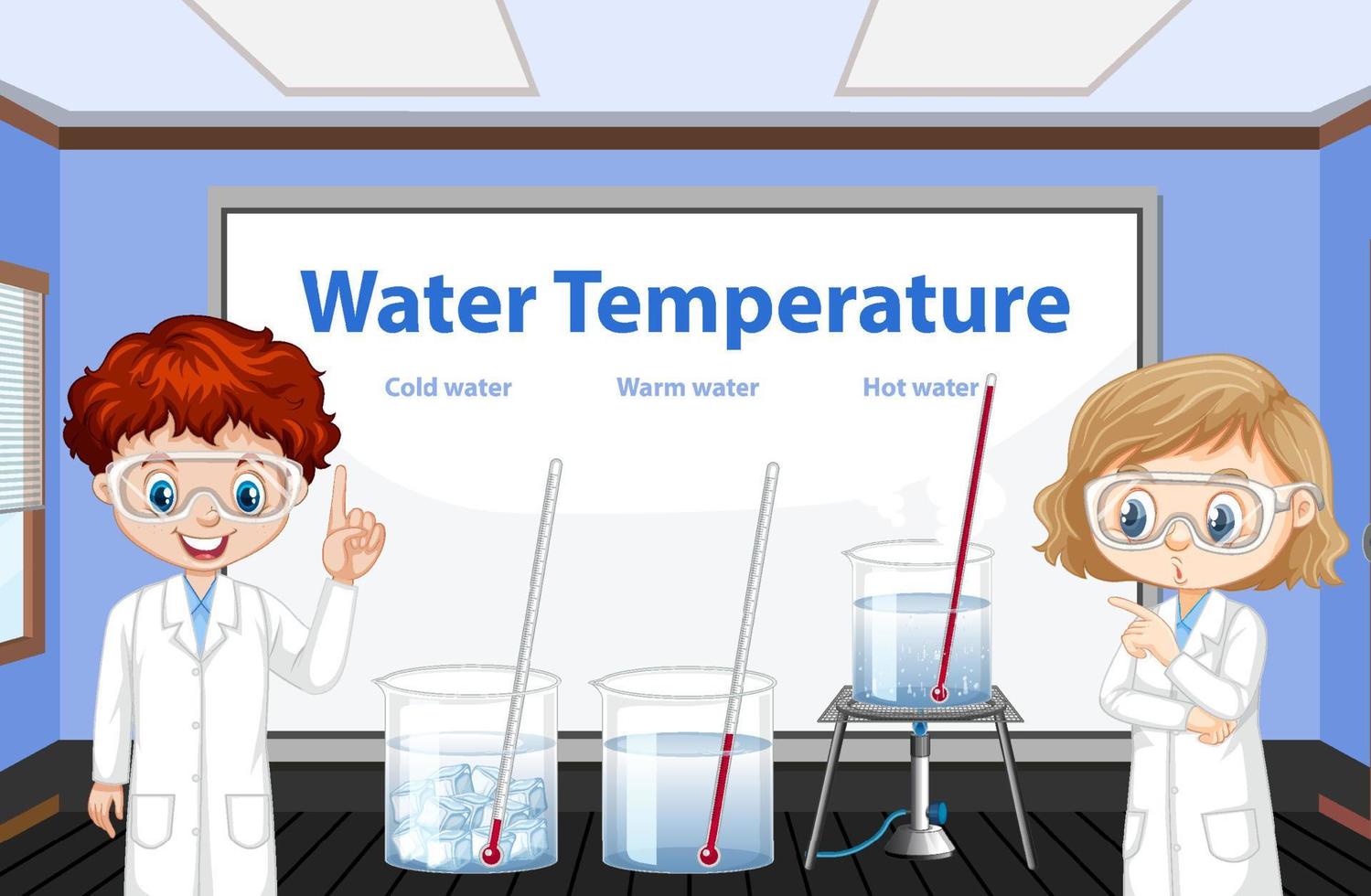 bambini scienziati che spiegano l'esperimento sulla temperatura dell'acqua vettore