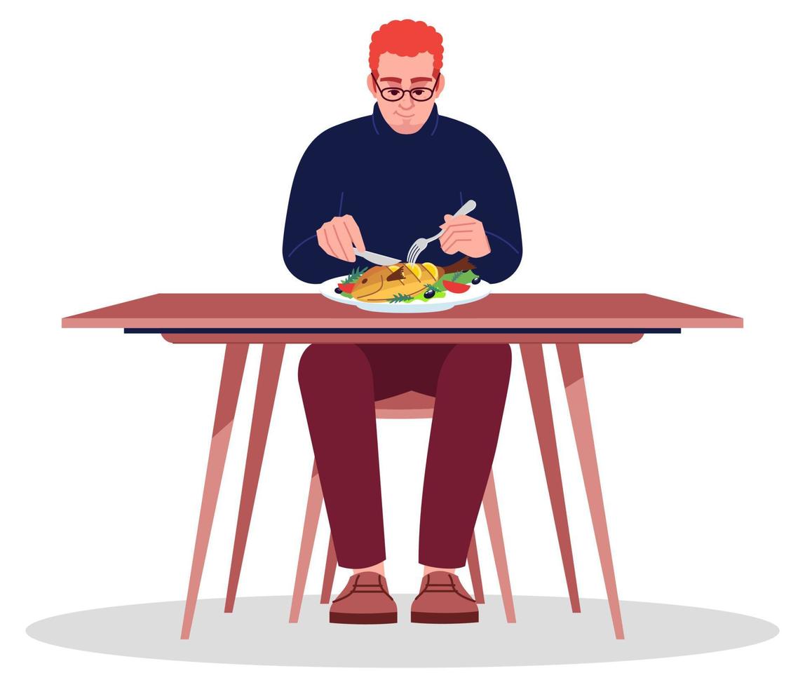 uomo che mangia pesce con coltello e forchetta semi piatto colore rgb illustrazione vettoriale