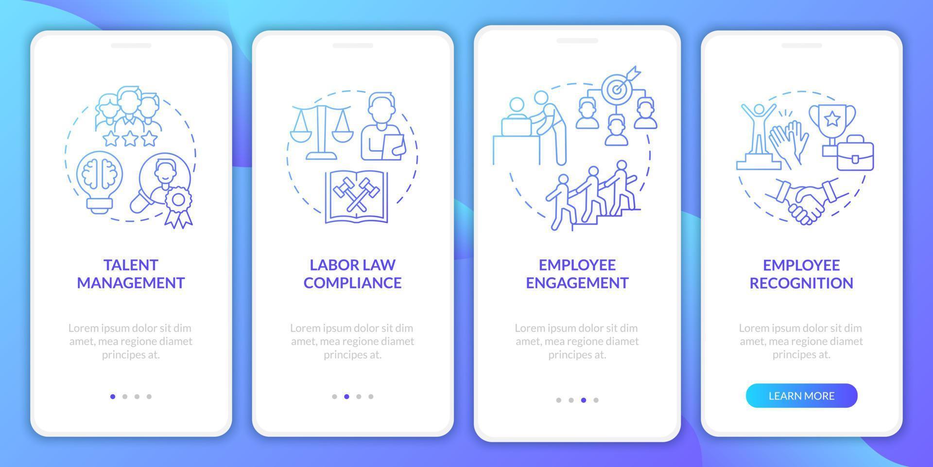 doveri del manager delle risorse umane schermo dell'app mobile onboarding gradiente blu vettore