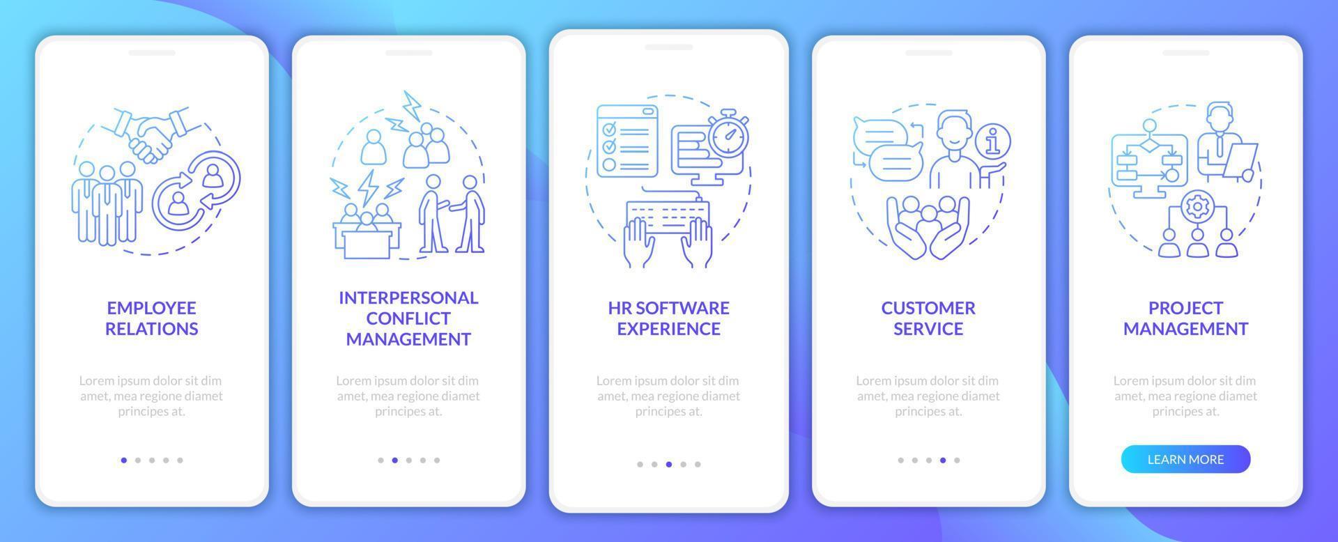 competenze per la schermata dell'app mobile onboarding gradiente blu del manager delle risorse umane vettore