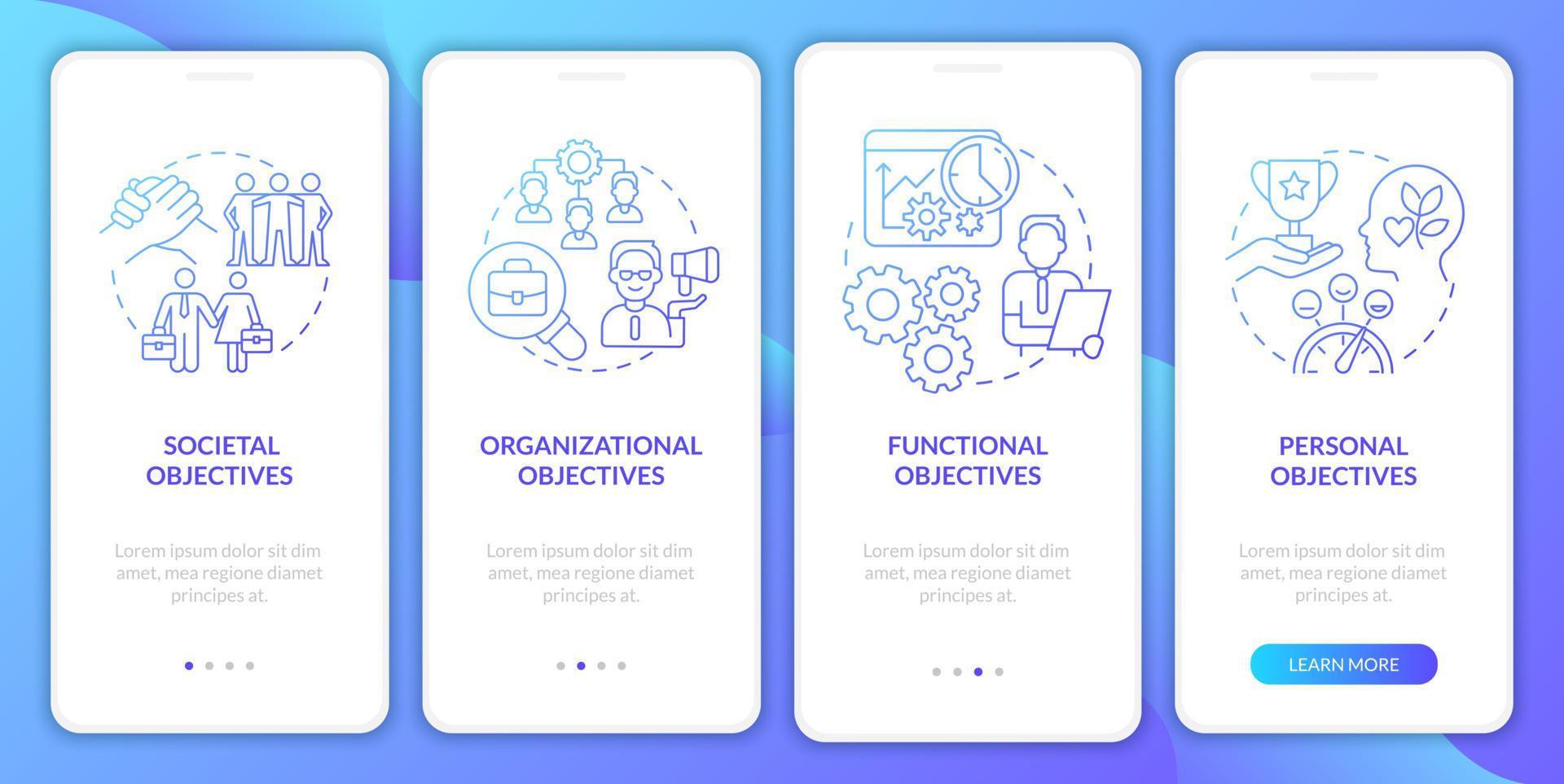 obiettivi della gestione delle ore schermata dell'app mobile onboarding gradiente blu vettore