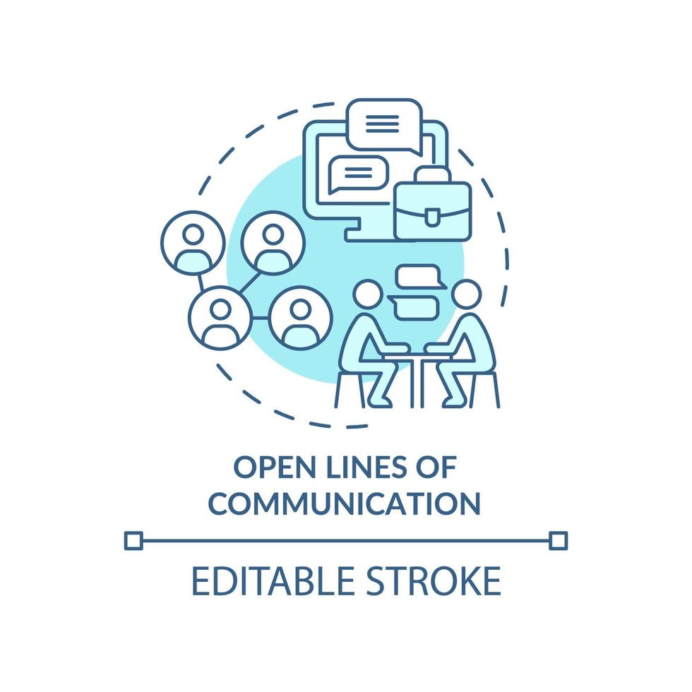 linee aperte di comunicazione icona del concetto turchese. discutere i problemi del team illustrazione al tratto sottile dell'idea astratta. disegno di contorno isolato. tratto modificabile. roboto-medium, una miriade di caratteri pro-grassetto utilizzati vettore
