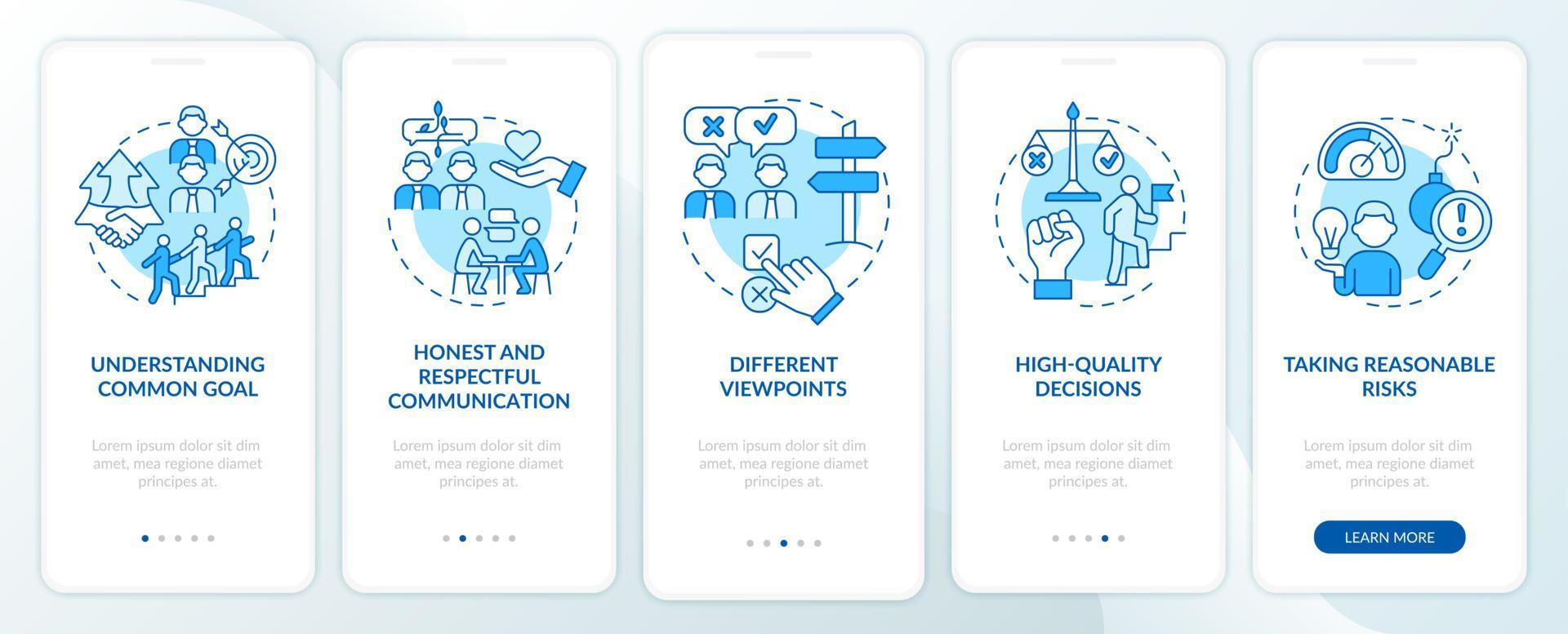 suggerimenti per il lavoro di squadra schermata dell'app mobile di onboarding blu. guida all'azienda di successo 5 passaggi pagine di istruzioni grafiche con concetti lineari. ui, ux, modello gui. sono stati utilizzati una miriade di caratteri normali in grassetto vettore