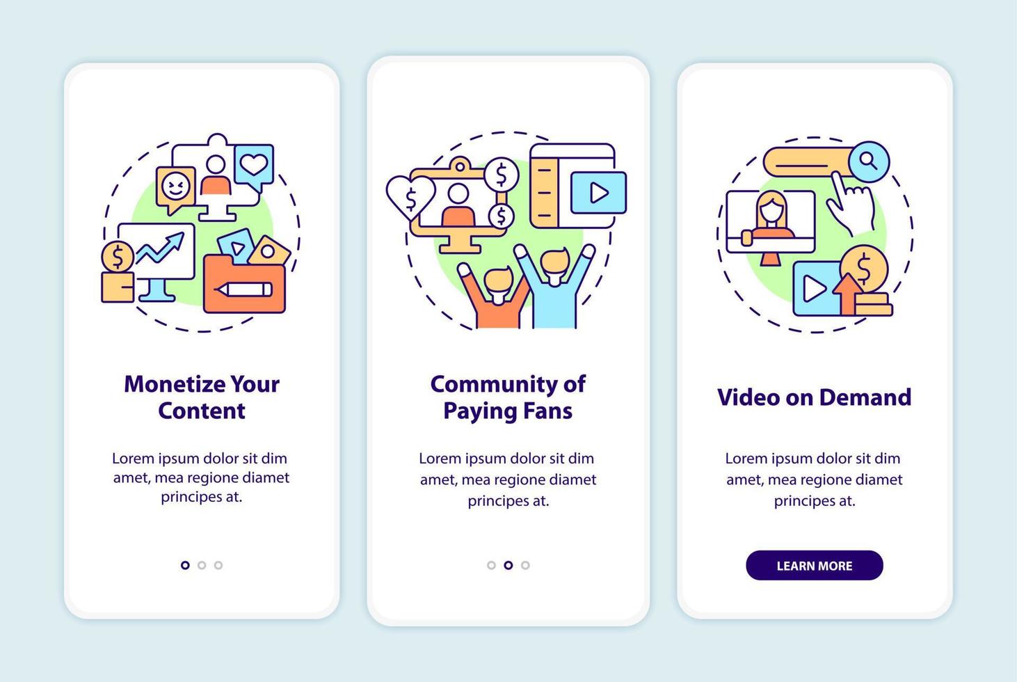 come guadagnare denaro dalla schermata dell'app mobile di onboarding dell'abbonamento. procedura dettagliata 3 passaggi pagine di istruzioni grafiche con concetti lineari. ui, ux, modello gui. sono stati utilizzati una miriade di caratteri normali in grassetto vettore