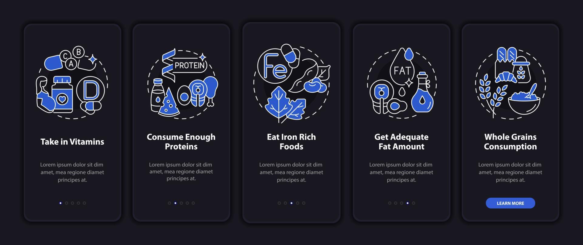 nutrizione durante la gravidanza onboarding schermata della pagina dell'app mobile. mangiare cibi sani procedura dettagliata 5 passaggi istruzioni grafiche con concetti. modello vettoriale ui, ux, gui con illustrazioni in modalità notturna lineare