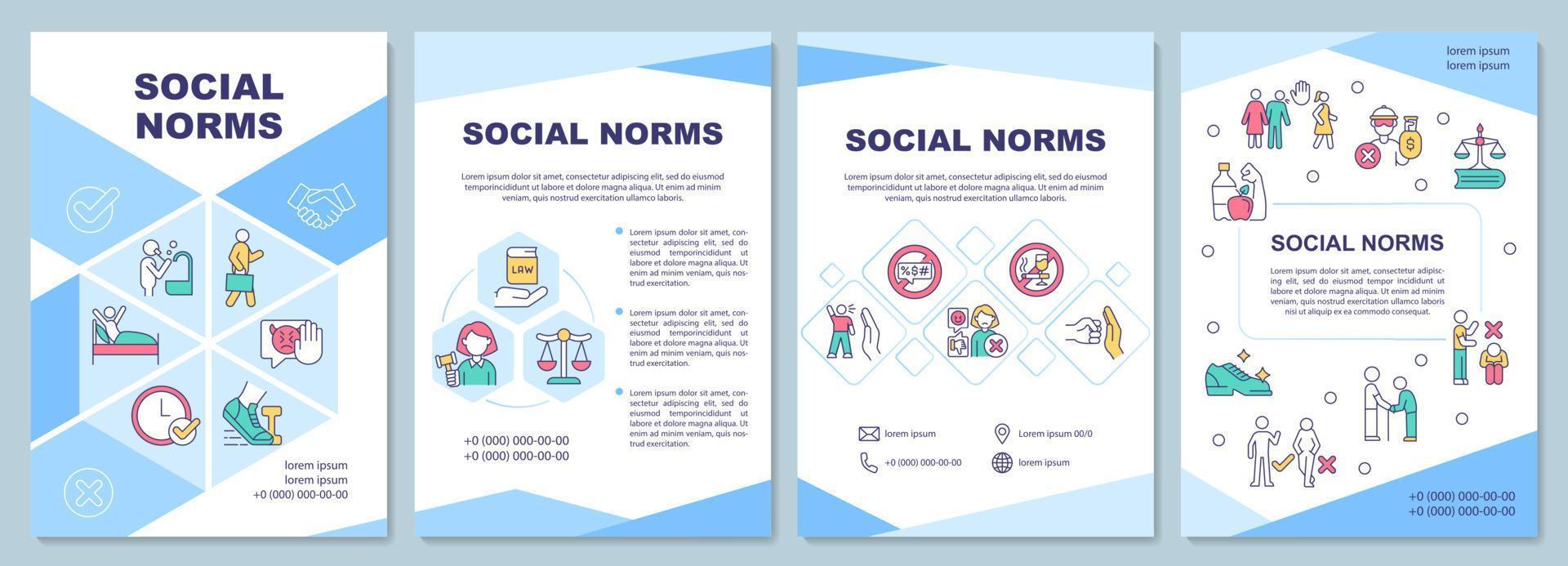 modello di brochure sulle norme sociali. regole morali e impegno. volantino, opuscolo, stampa depliant, copertina con icone lineari. layout vettoriali per presentazioni, relazioni annuali, pagine pubblicitarie