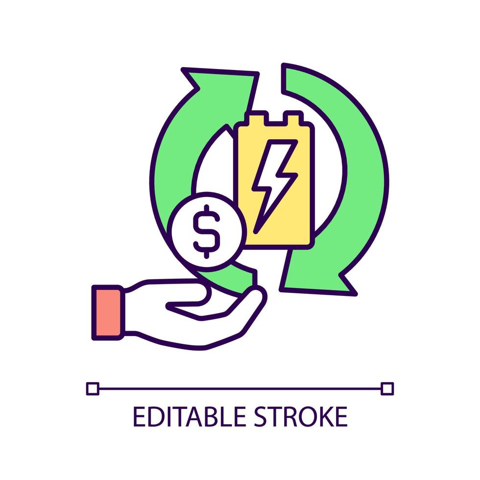 riciclaggio di batterie per denaro icona colore rgb. vendere il vecchio accumulatore a scopo di lucro. guadagnare denaro sull'attività di riciclaggio. economia circolare. illustrazione vettoriale isolata. semplice disegno a tratteggio pieno