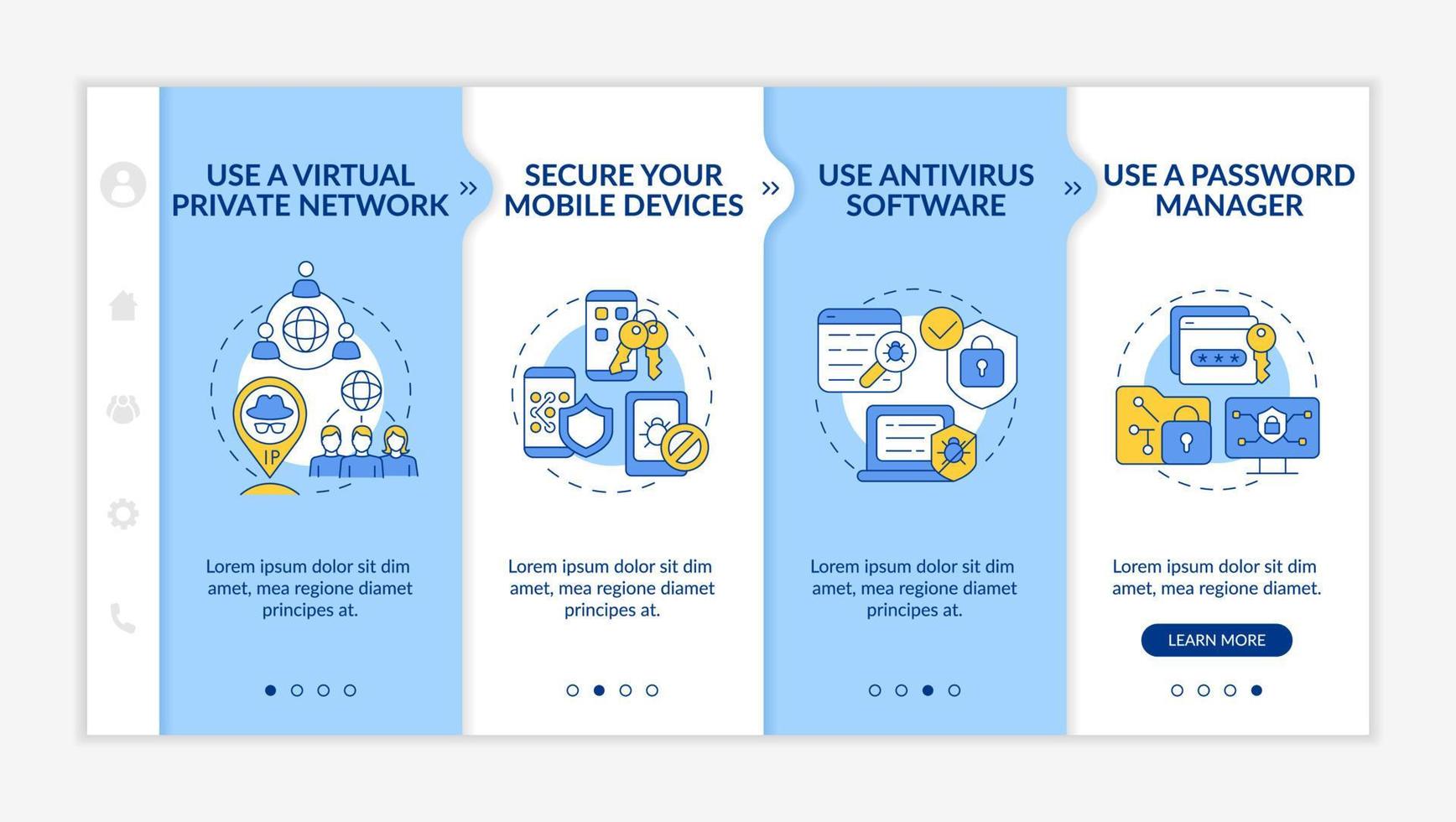 Suggerimenti per la sicurezza della navigazione in Internet modello vettoriale di onboarding. sito web mobile reattivo con icone. pagina web procedura dettagliata quattro schermate. concetto di colore per la protezione dei dati con illustrazioni lineari