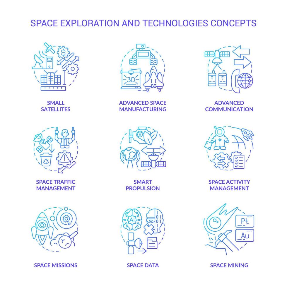 set di icone di concetto di gradiente blu di esplorazione dello spazio e tecnologia vettore