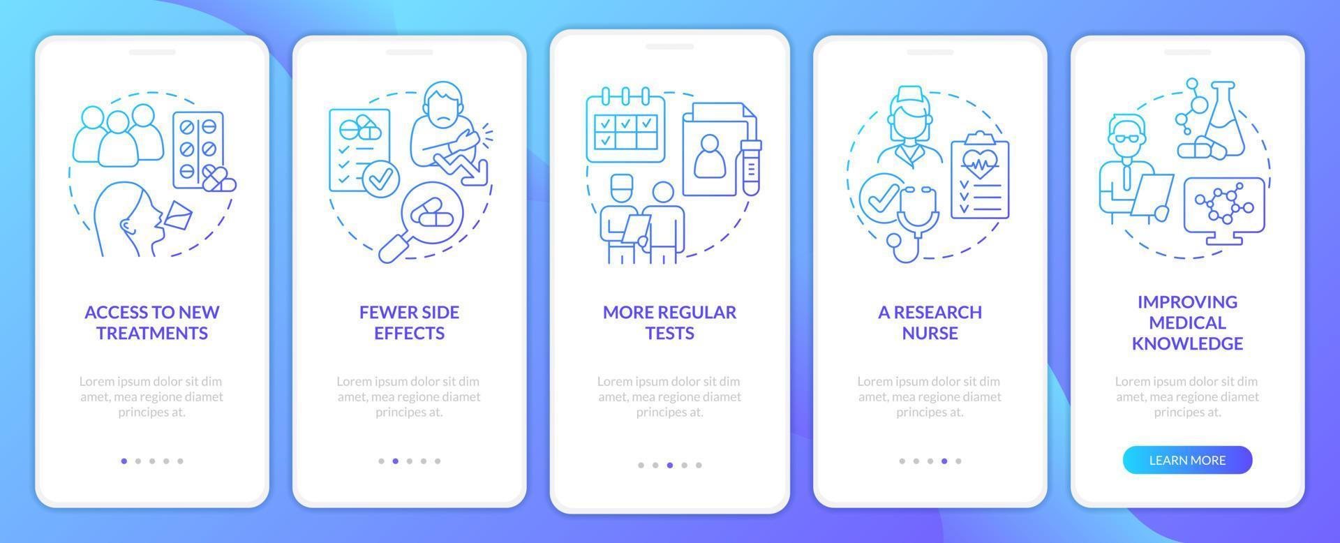 vantaggi degli studi clinici schermo dell'app mobile onboarding gradiente blu vettore