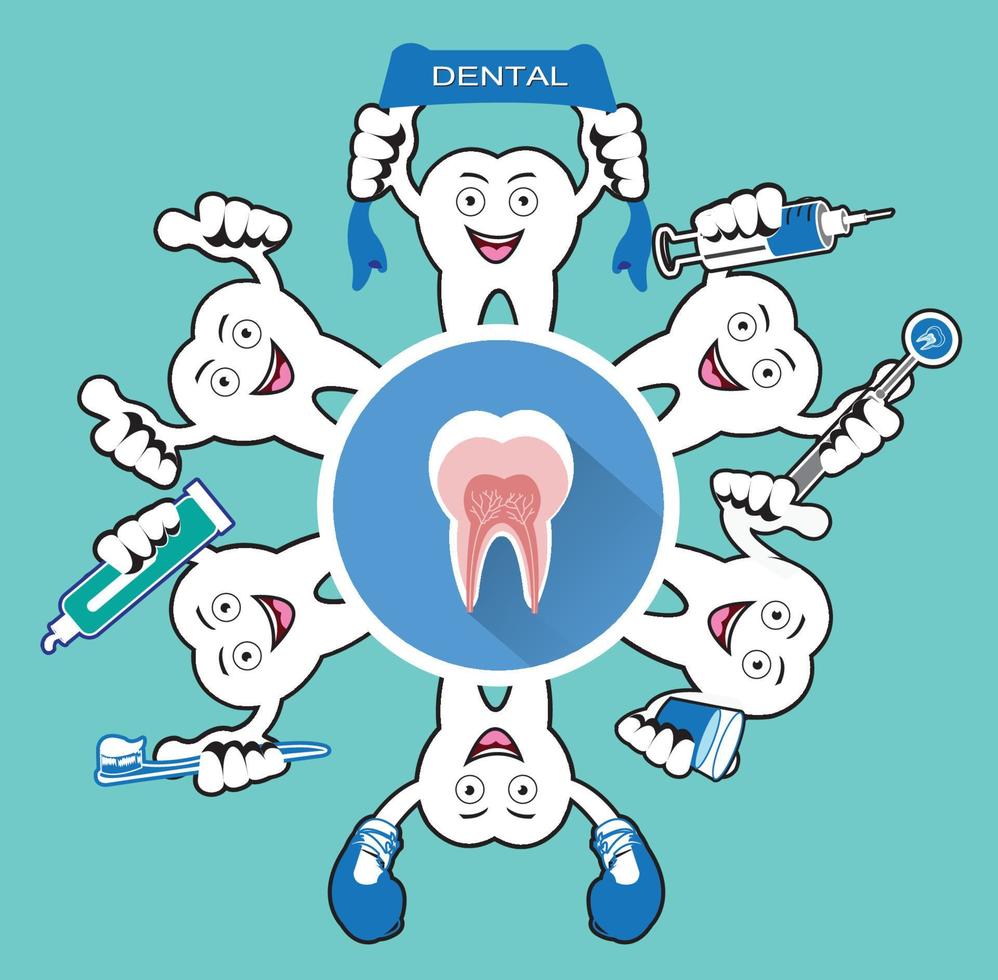 dente sorridente del fumetto con l'icona del dente vettore