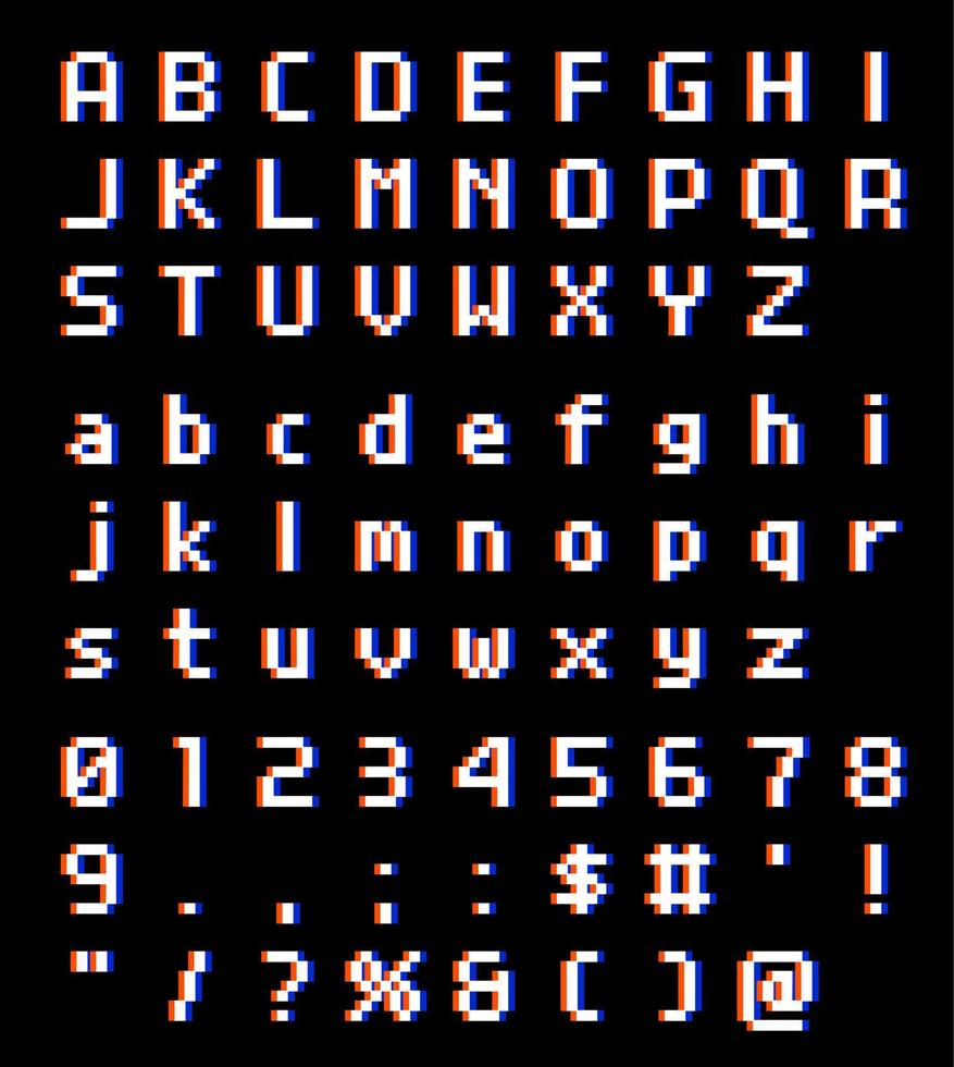 pixel glitch videogioco effetto font a 8 bit. impostare lettere maiuscole e numeri. carattere di illustrazione vettoriale. vettore