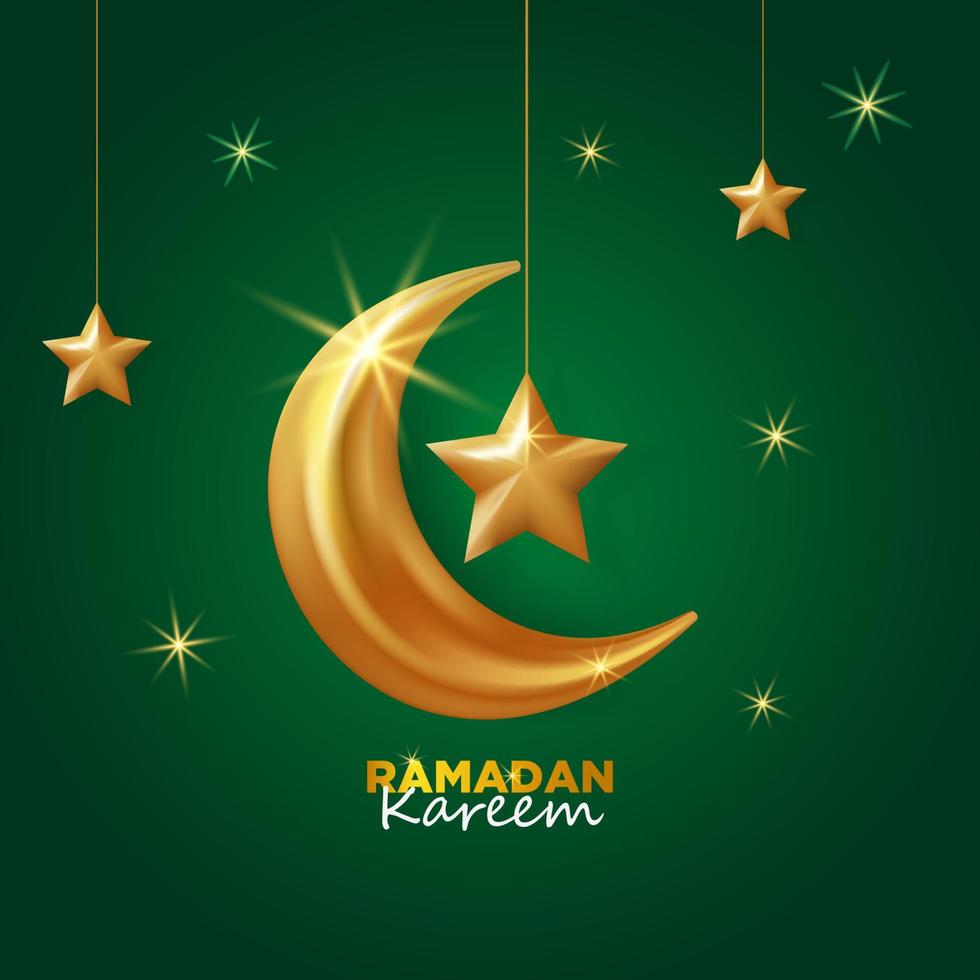 bellissimo biglietto di auguri ramadan kareem con falce di luna dorata e stella vettore