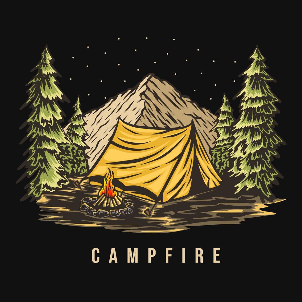 fuoco di accampamento notturno nel materiale illustrativo dell'illustrazione della tenda vettore